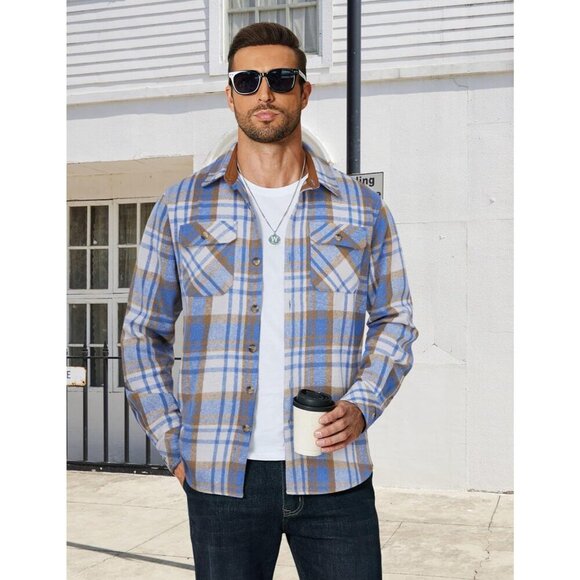 Coofandy Men Light Blue Flannel Plaid Button Down Jacket Shirt with Pockets - Picture 2 of 5